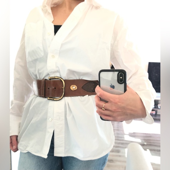 Vintage Brown Leather Wide Belt Gold Rhinestone by Robinia Size 80/Small - Picture 3 of 6